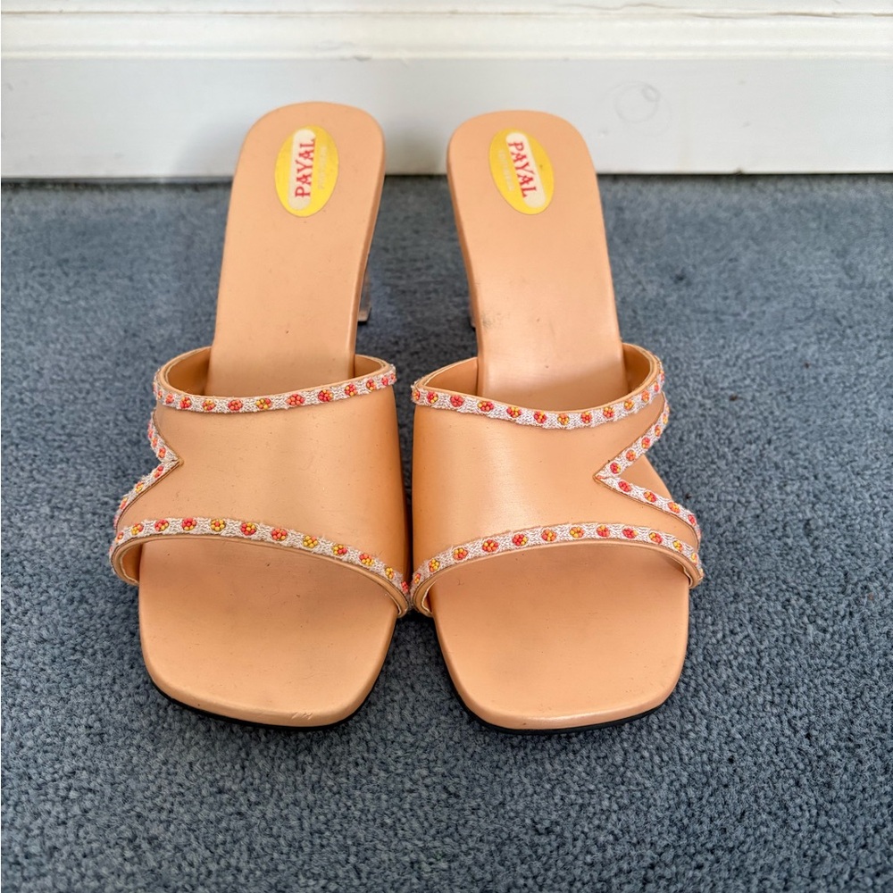 Tan Leather Slide Sandals with Stud Detailing